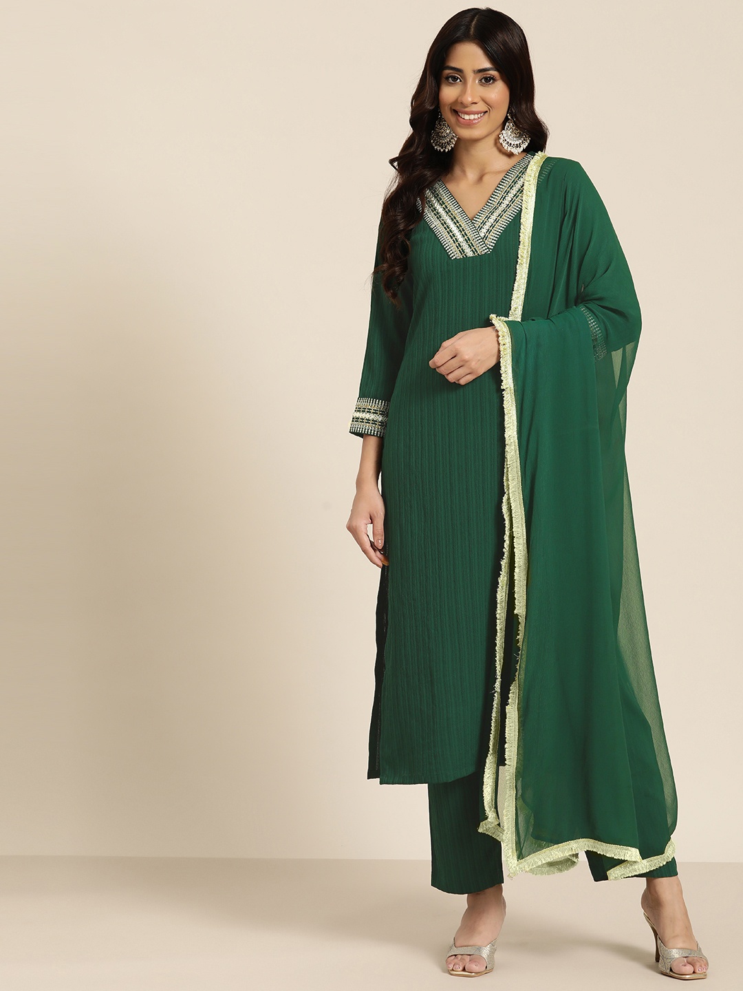 

HERE&NOW Women Ethnic Motifs Embroidered Kurta with Trousers & With Dupatta, Green