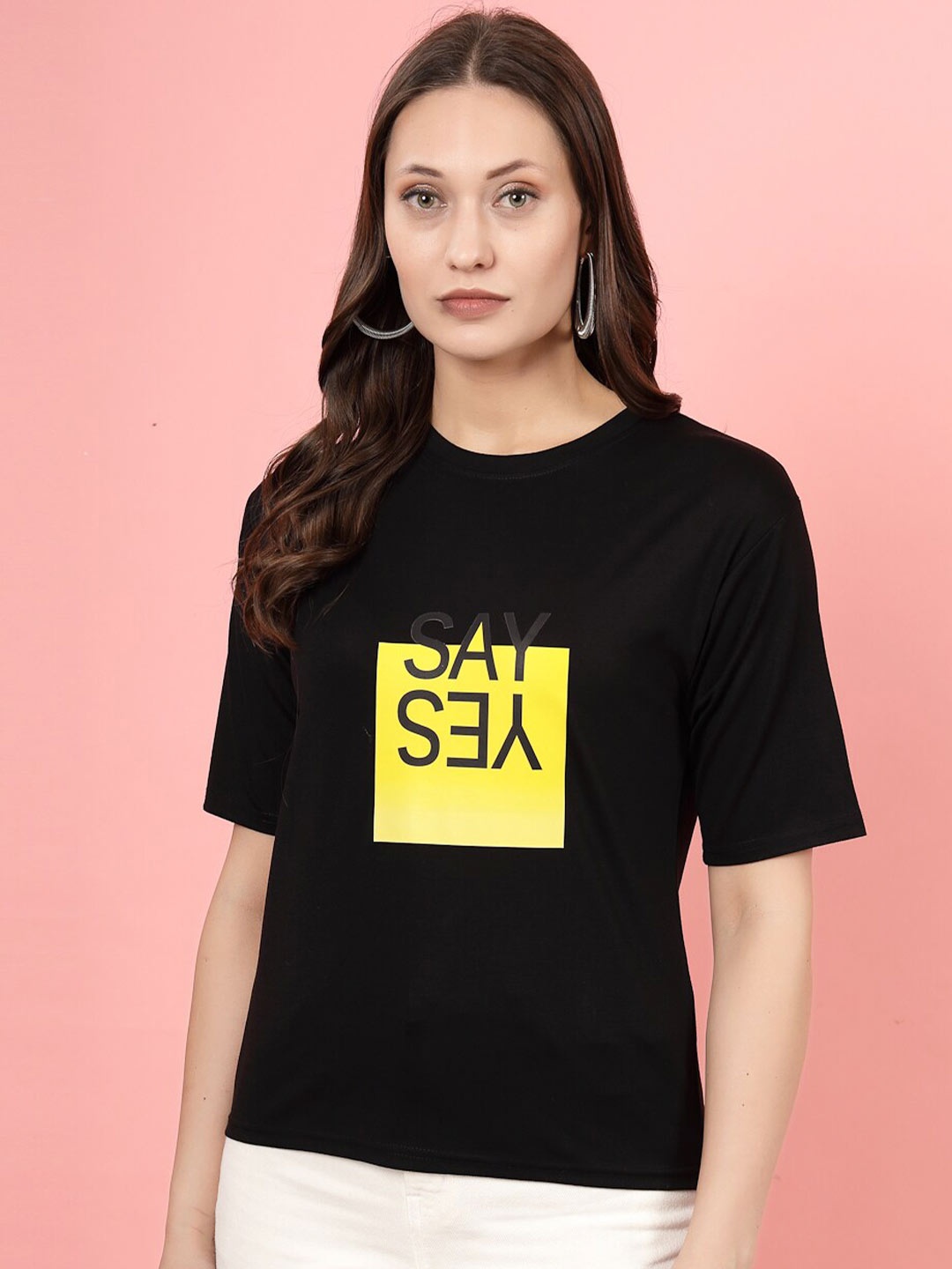 Clora Creation Typography Printed Round Neck T-shirt, Black