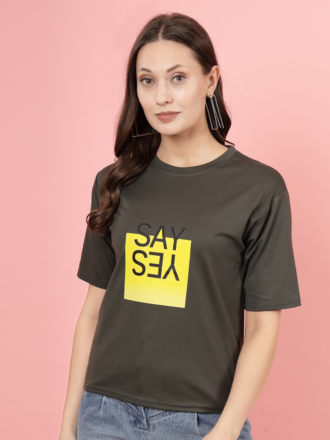 Clora Creation Typography Printed Round Neck T-shirt, Olive