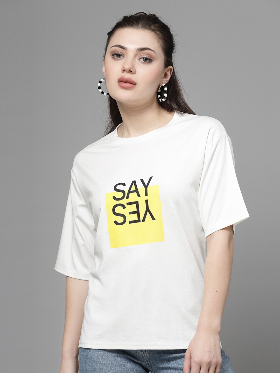 Clora Creation Typography Printed Round Neck T-shirt, White