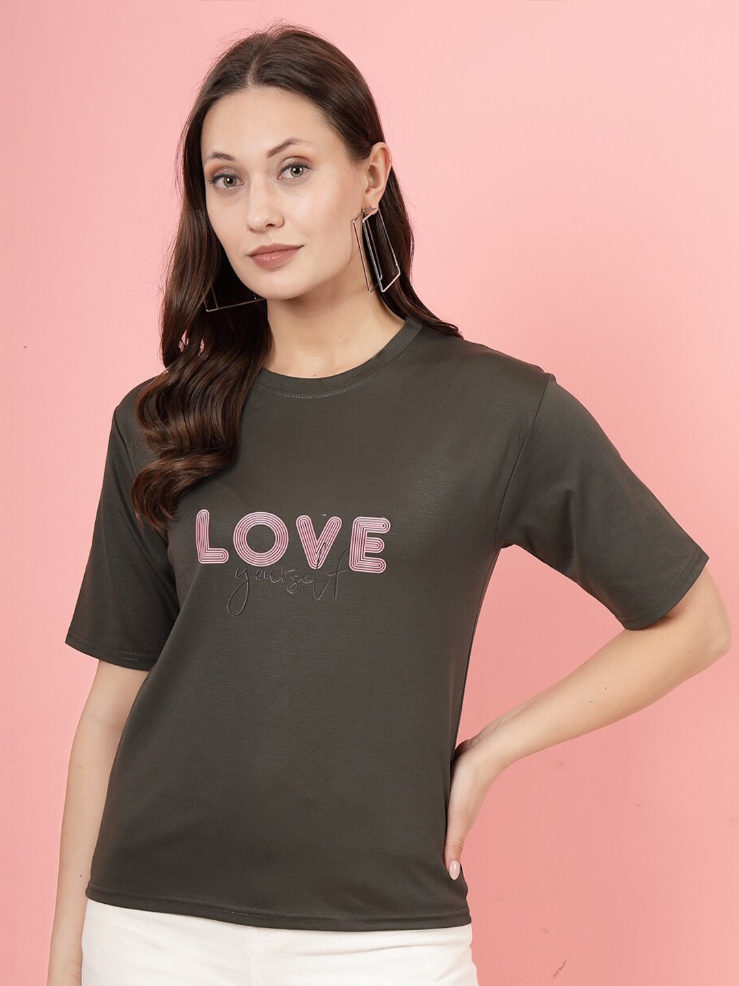 

Clora Creation Typography Printed Round Neck T-shirt, Olive