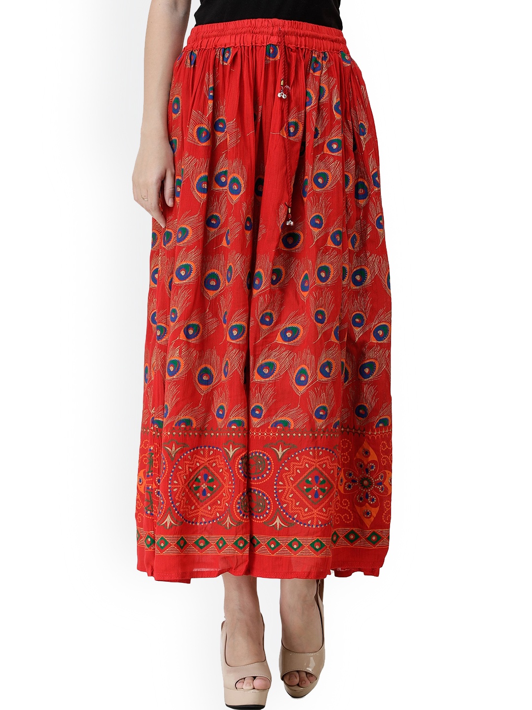 

Exotic India Rayon Maxi Skirt with Printed Peacock Feathers, Orange