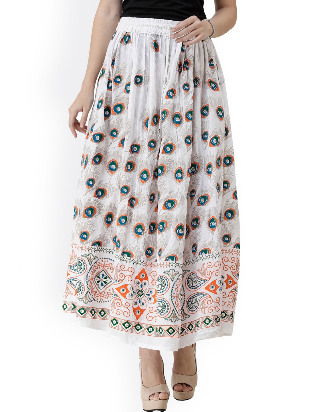 

Exotic India Floral Printed Flared Midi Skirt, White