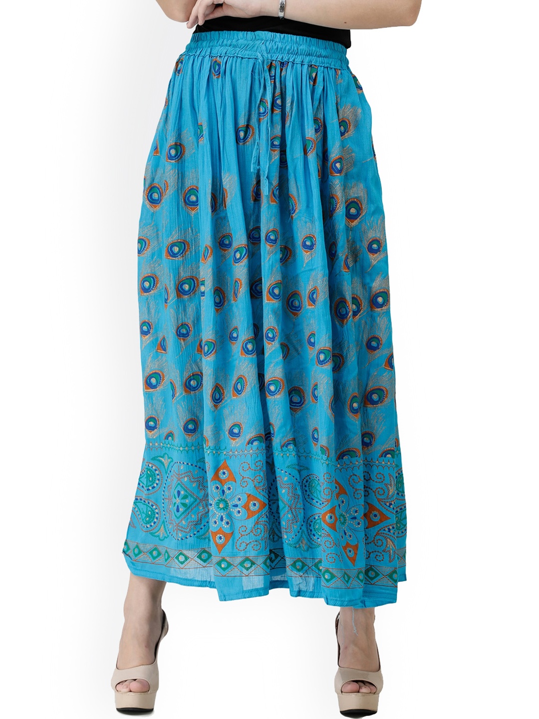 

Exotic India Rayon Vivid Blue Long Skirt with Printed Peacock Feathers