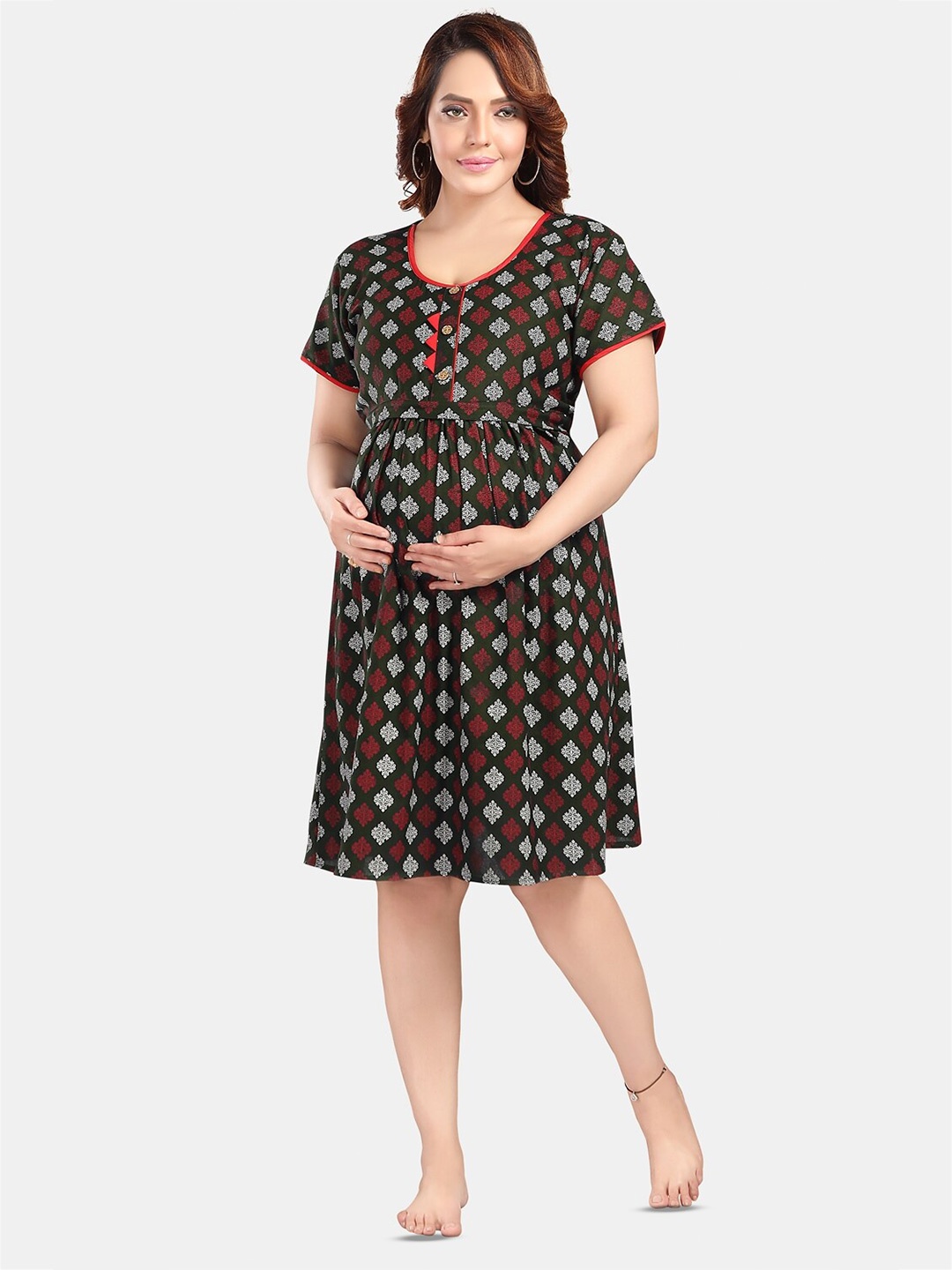 

Fabme Ethnic Motifs Printed Cotton Maternity Nightdress, Green