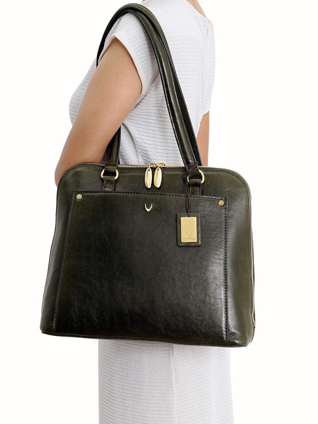 

Hidesign Women Leather Oversized Structured Shoulder Bag, Olive
