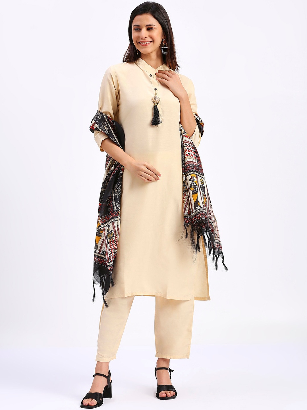 

S.K.C Mandarin Collar Straight Kurta With Trousers & Dupatta, Cream