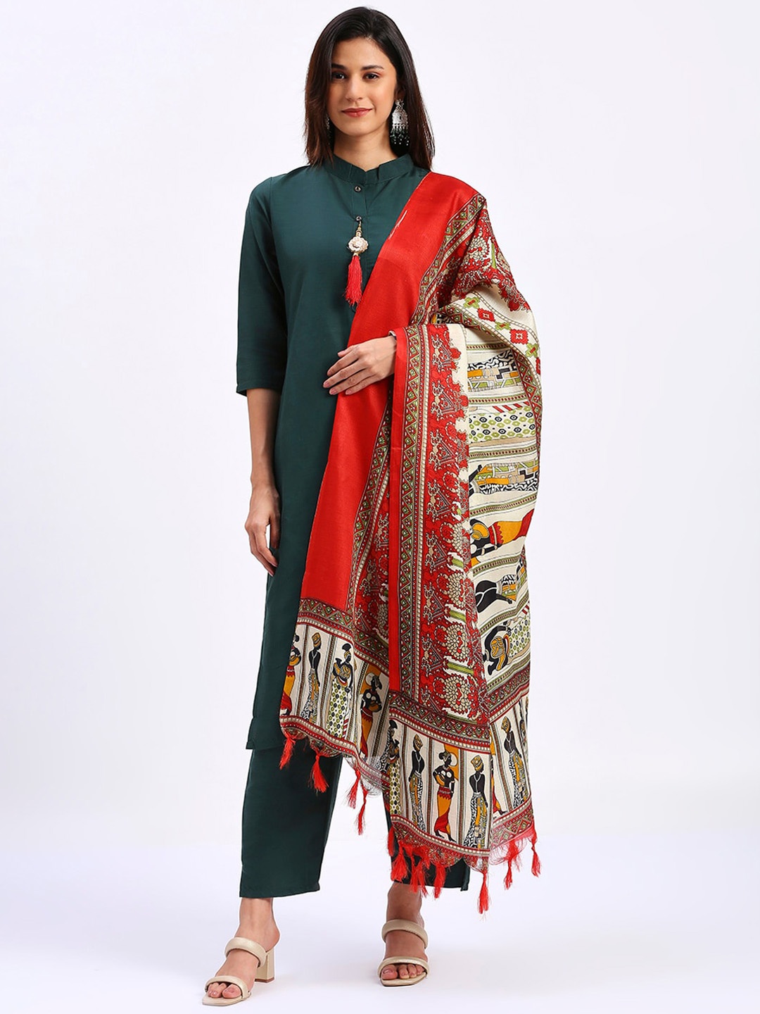 

S.K.C Mandarin Collar Straight Kurta With Trousers & Dupatta, Green