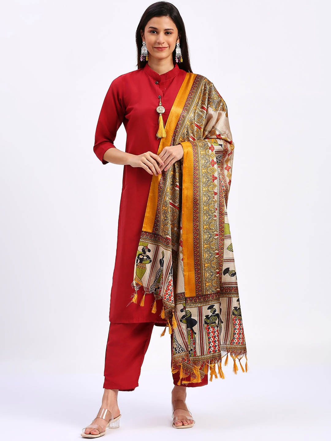 

S.K.C Mandarin Collar Straight Kurta With Trousers & Dupatta, Maroon
