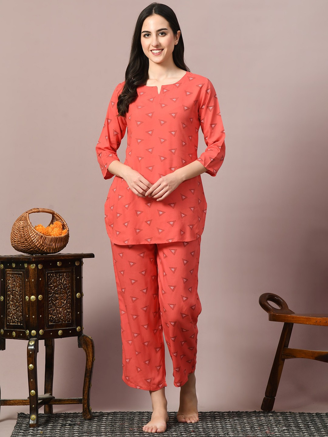 

TREND ME Geometric Printed Night suit, Red