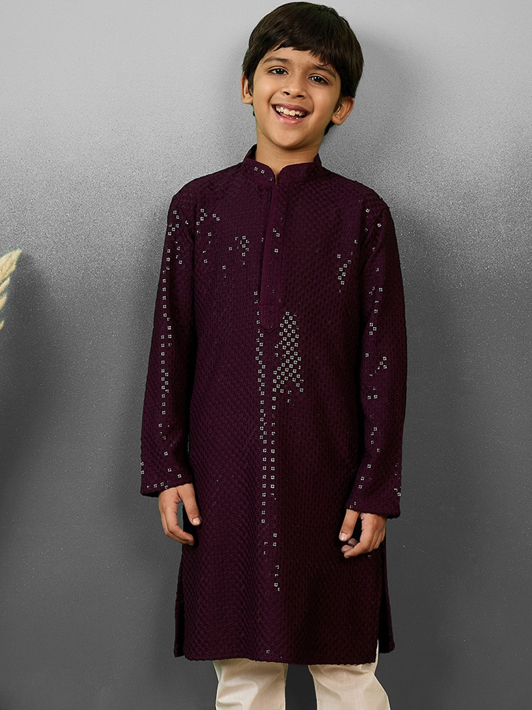 

YK Boys Geometric Embroidered Chikankari Sequinned Mandarin Collar Cotton Straight Kurta, Purple