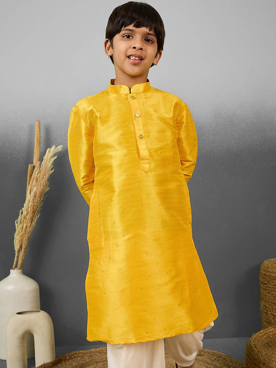 

YK Boys Polka Dot Woven Design Mandarin Collar Jacquard Weave Straight Kurta, Yellow