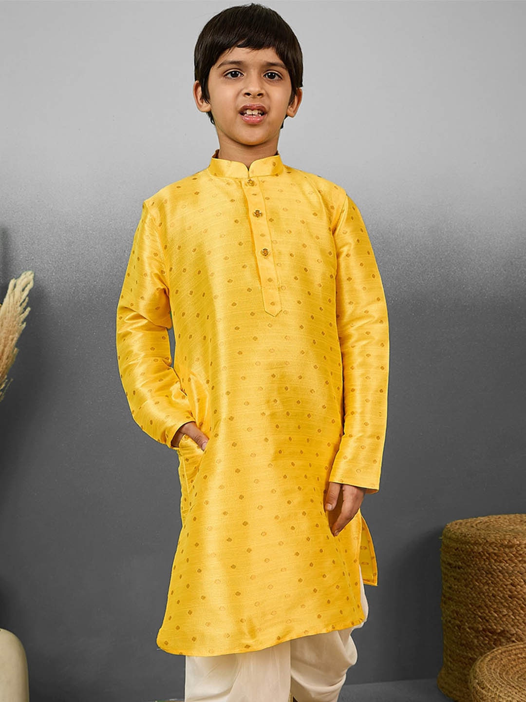 

YK Boys Polka Dot Printed Jacquard Mandarin Collar Kurta, Yellow