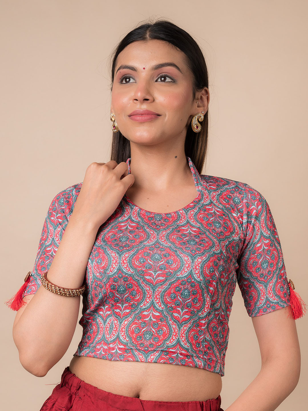 

Bindigasm's Advi Kalamkari Printed Jacquard Readymade Saree Blouse, Red