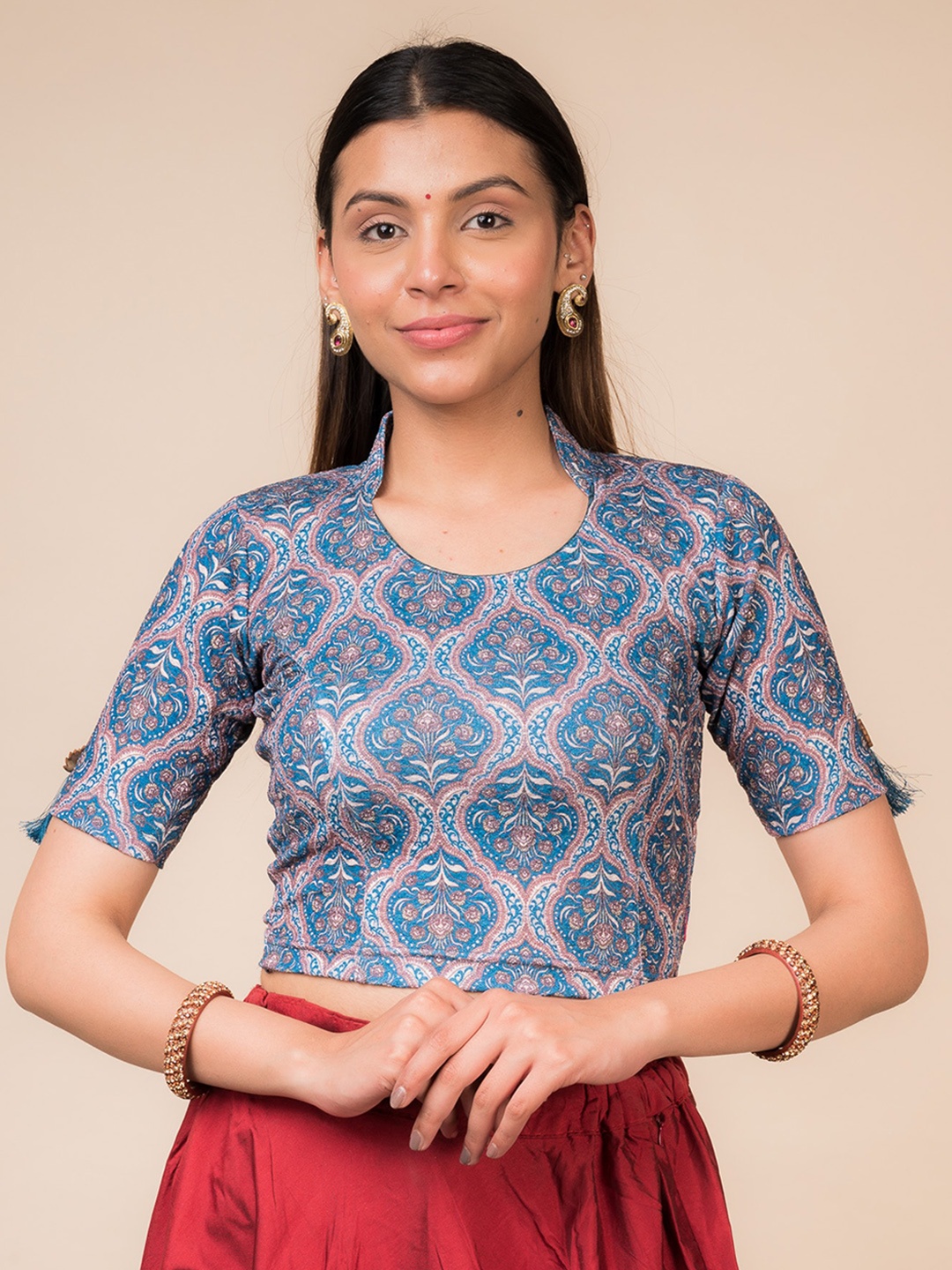 

Bindigasm's Advi Kalamkari Printed Jacquard Readymade Saree Blouse, Navy blue