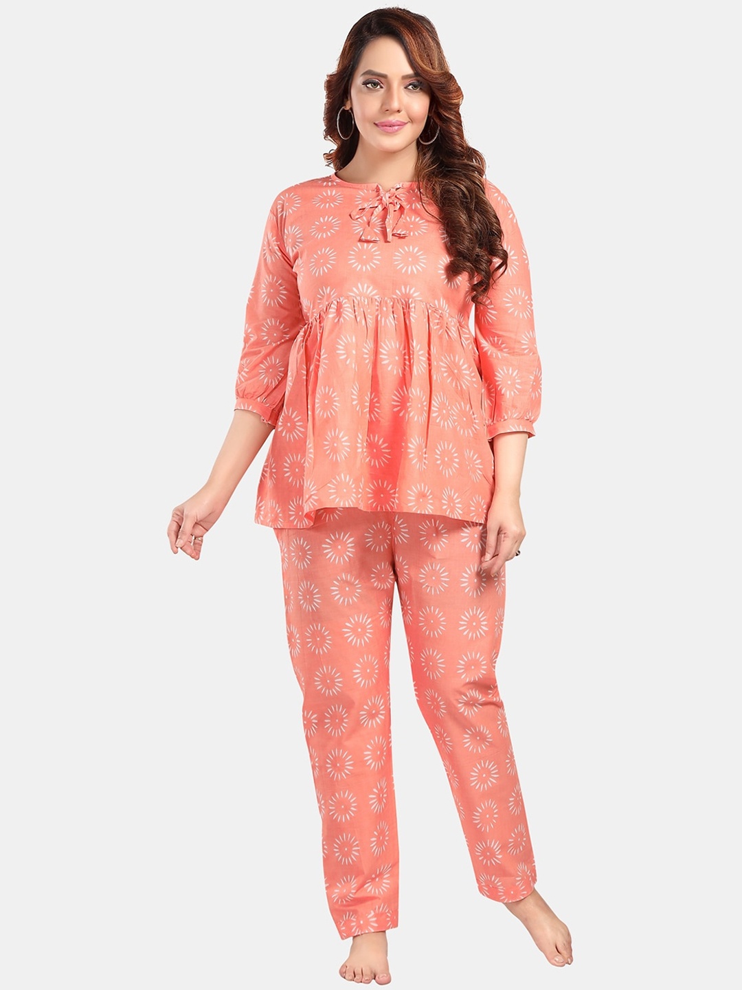 

Fabme Printed Pure Cotton Top And Trouser Co-Ords, Pink