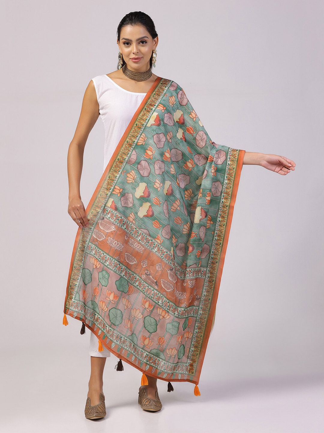 

Kaizen TEXO FAB Floral Printed Linen Kalamkari Dupatta, Green