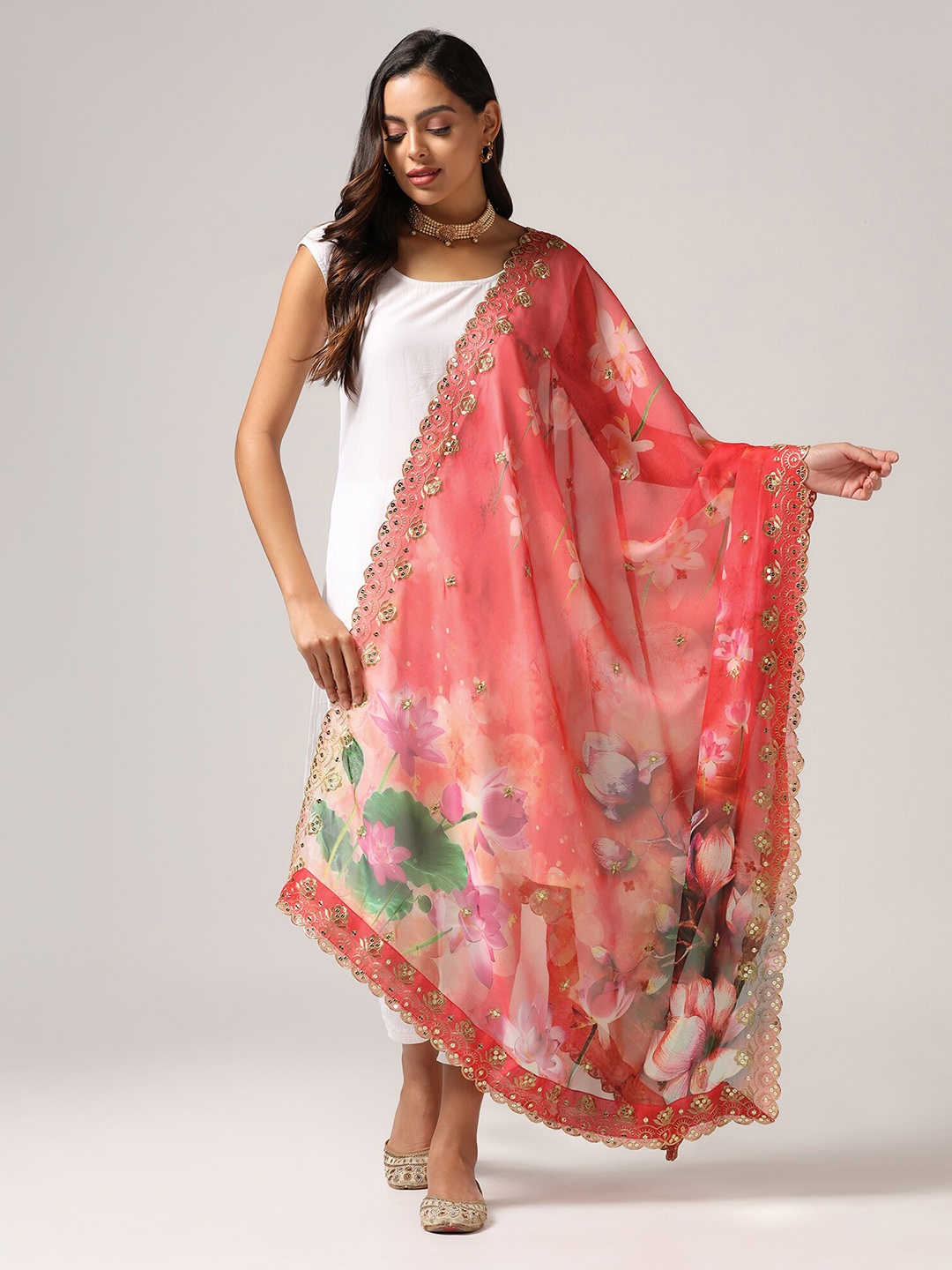 

Kaizen TEXO FAB Floral Printed Linen Kalamkari Dupatta with Zari, Red
