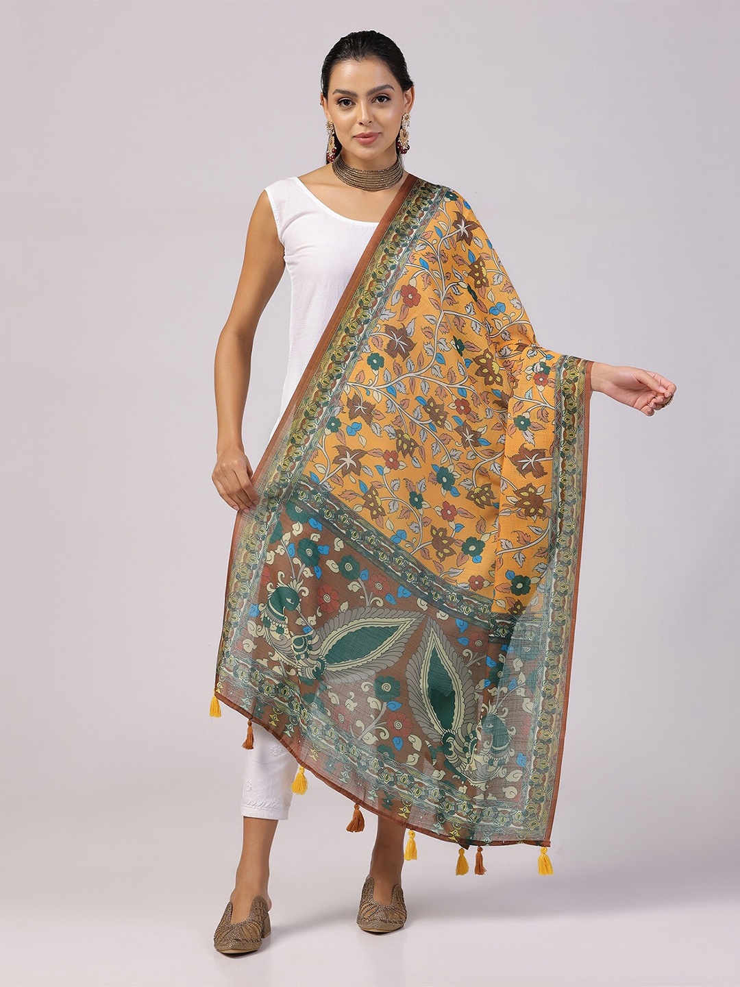

Kaizen TEXO FAB Floral Printed Linen Kalamkari Dupatta, Brown