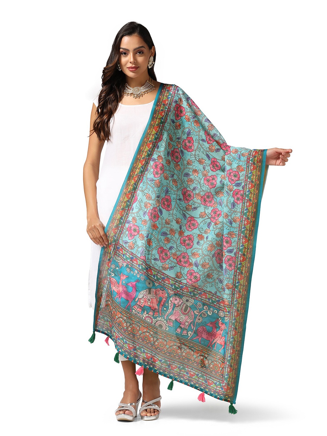 

Kaizen TEXO FAB Floral Printed Linen Kalamkari Dupatta, Blue
