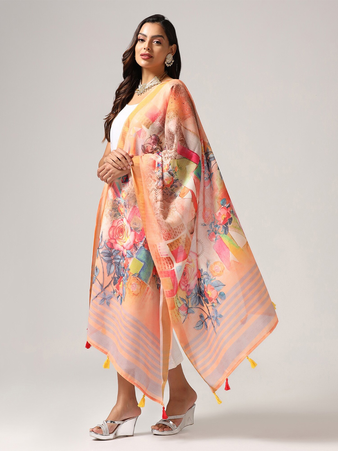 

Kaizen TEXO FAB Floral Printed Linen Kalamkari Dupatta with Zari, Orange