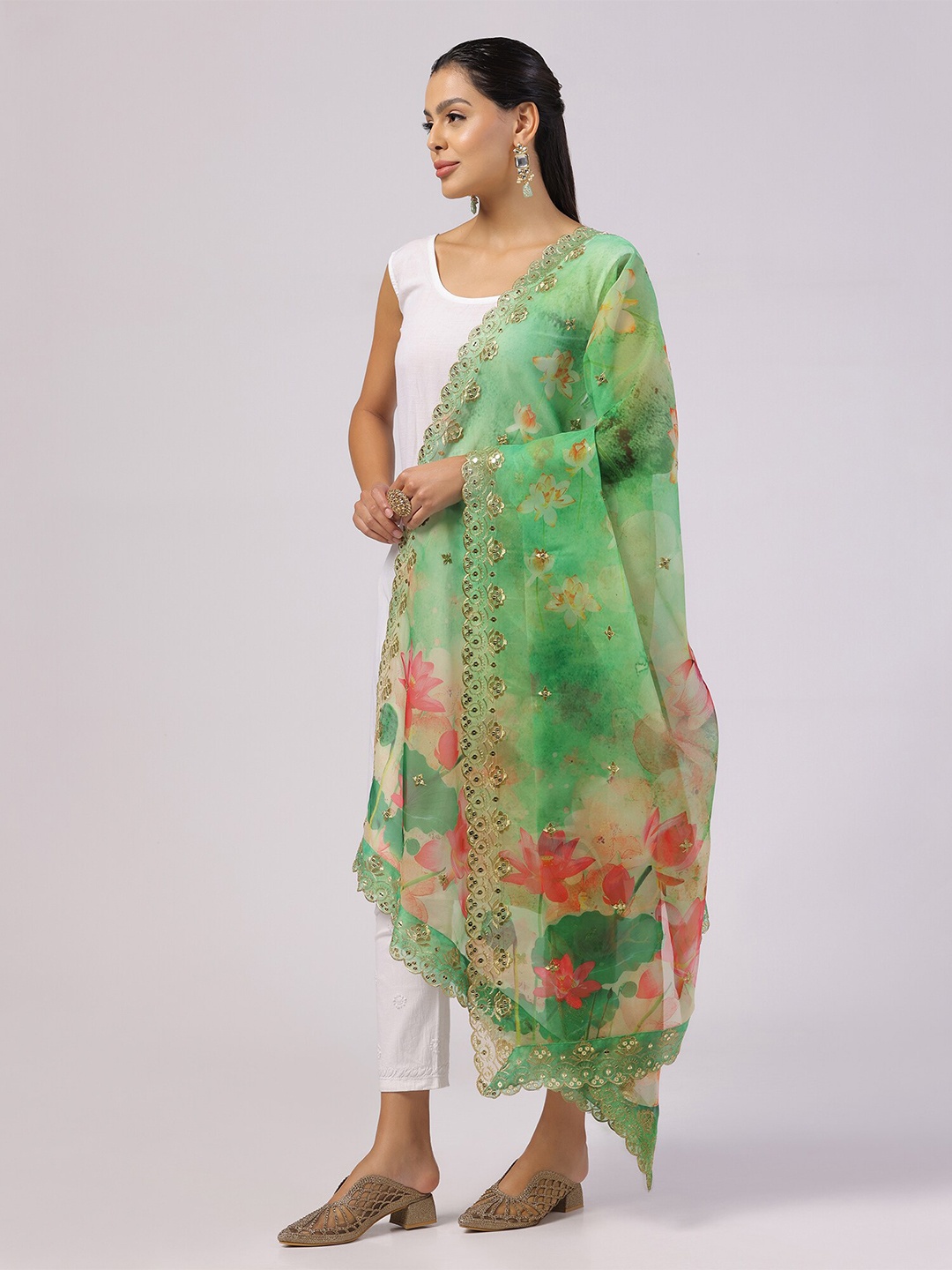 

Kaizen TEXO FAB Floral Printed Linen Kalamkari Dupatta with Zari, Green