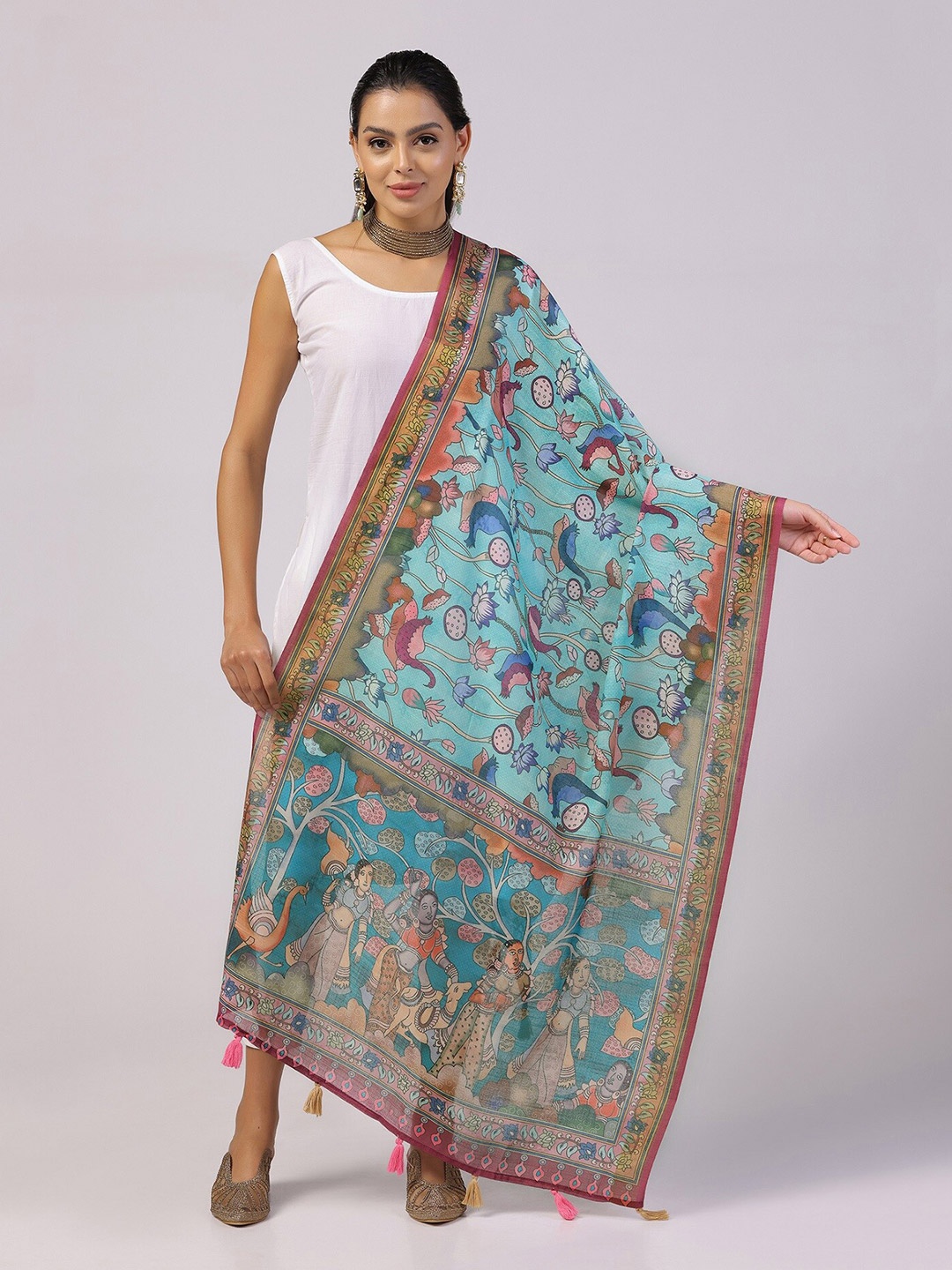 

Kaizen TEXO FAB Floral Printed Linen Kalamkari Dupatta, Green