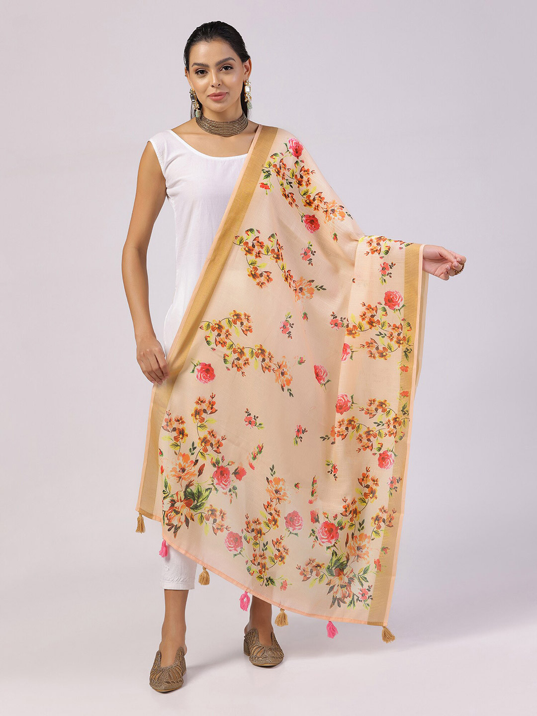 

Kaizen TEXO FAB Floral Printed Dupatta With Zari, Beige