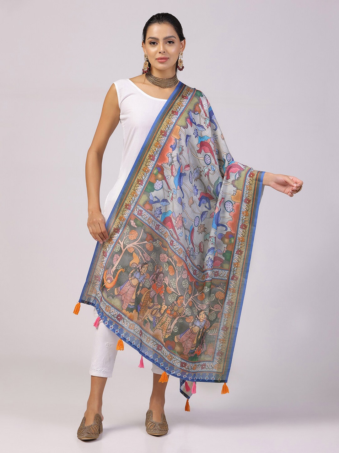 

Kaizen TEXO FAB Floral Printed Linen Kalamkari Dupatta, Grey