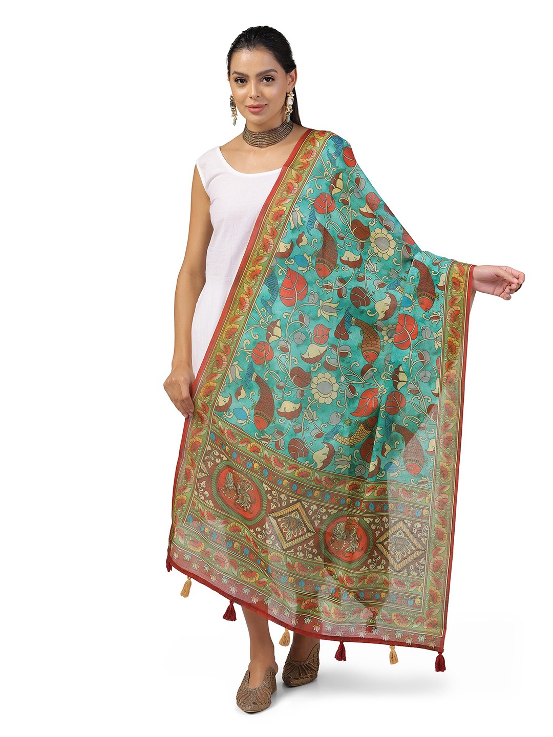 

Kaizen TEXO FAB Floral Printed Linen Kalamkari Dupatta, Green