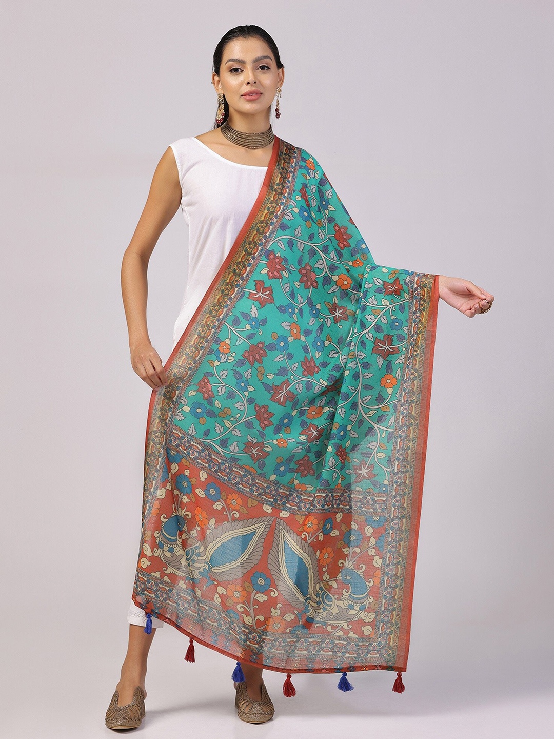 

Kaizen TEXO FAB Floral Printed Linen Kalamkari Dupatta, Blue