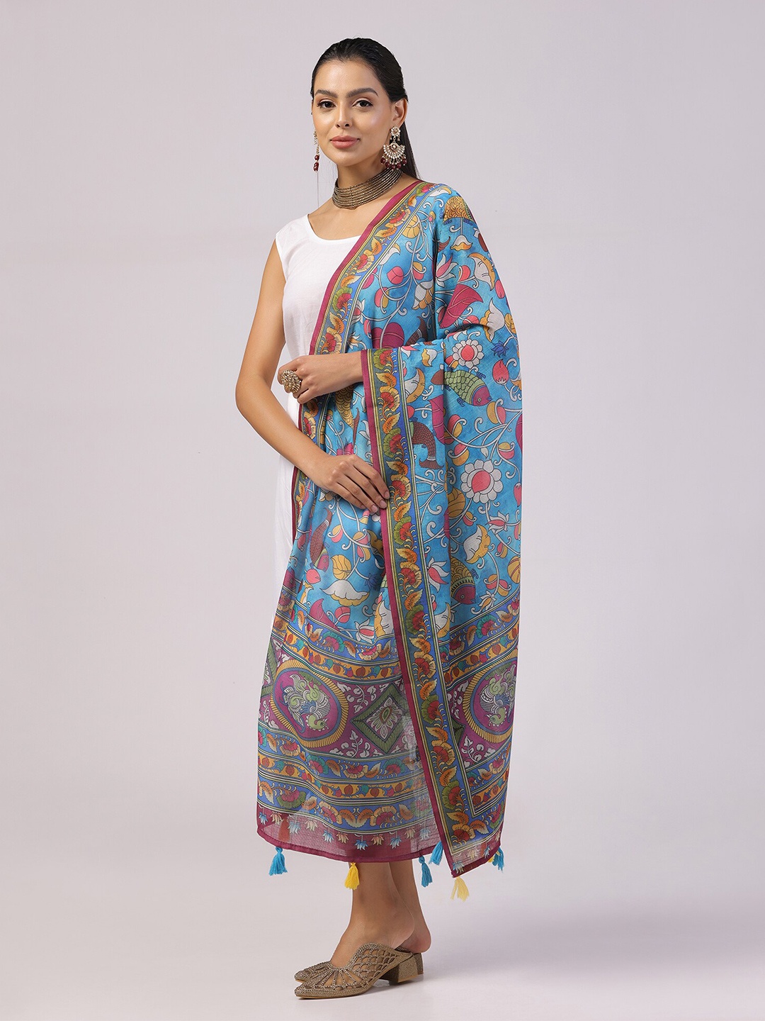 

Kaizen TEXO FAB Floral Printed Linen Kalamkari Dupatta, Blue