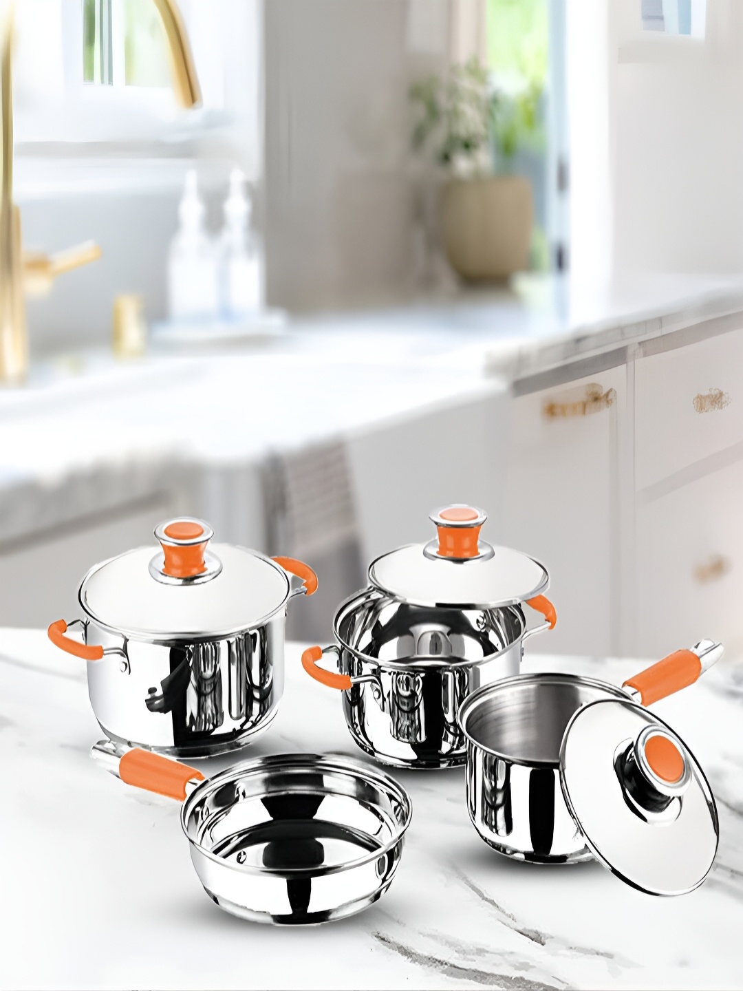 

Kuber Industries Silver 4 Pieces Stainless Steel Dishwasher Safe Saucepan Cookware Set