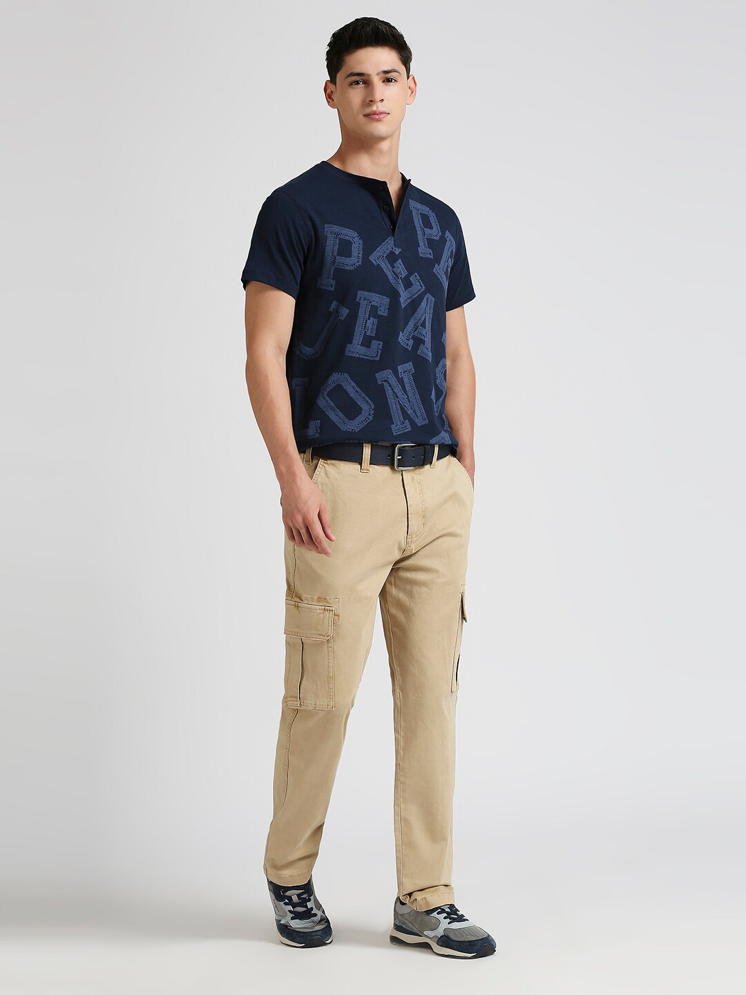 

Pepe Jeans Typography Printed Henley Neck Pure Cotton Slim Fit T-shirt, Navy blue