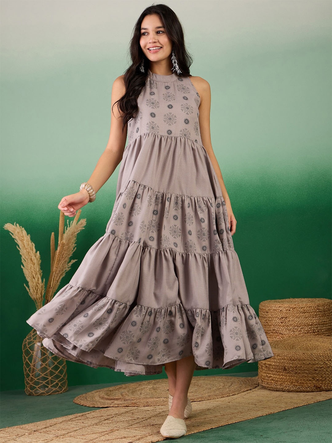 

Sangria Ethnic Motifs Printed Halter Neck A-Line Ethnic Dress, Grey
