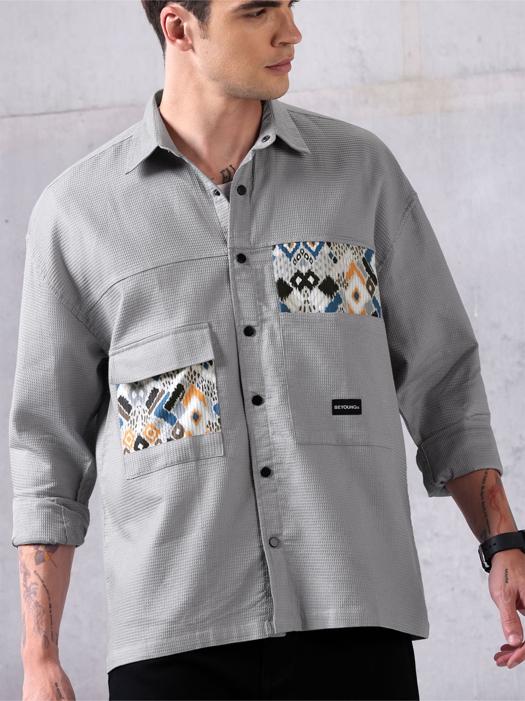 

Beyoung Spread Collar Cotton Casual Shirt, Grey