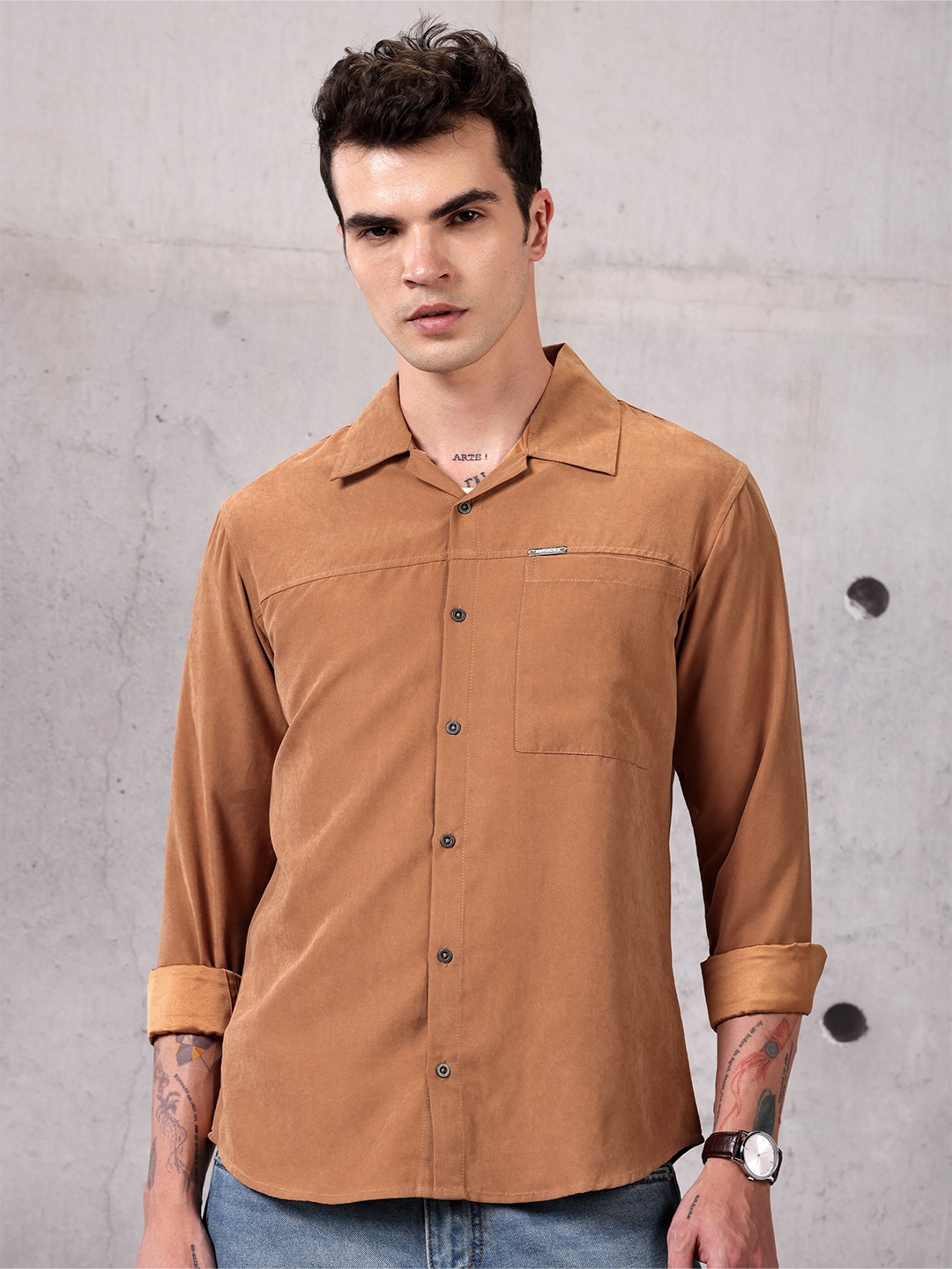 

Beyoung Cuban Collar Long Sleeves Regular Fit Casual Shirt, Orange