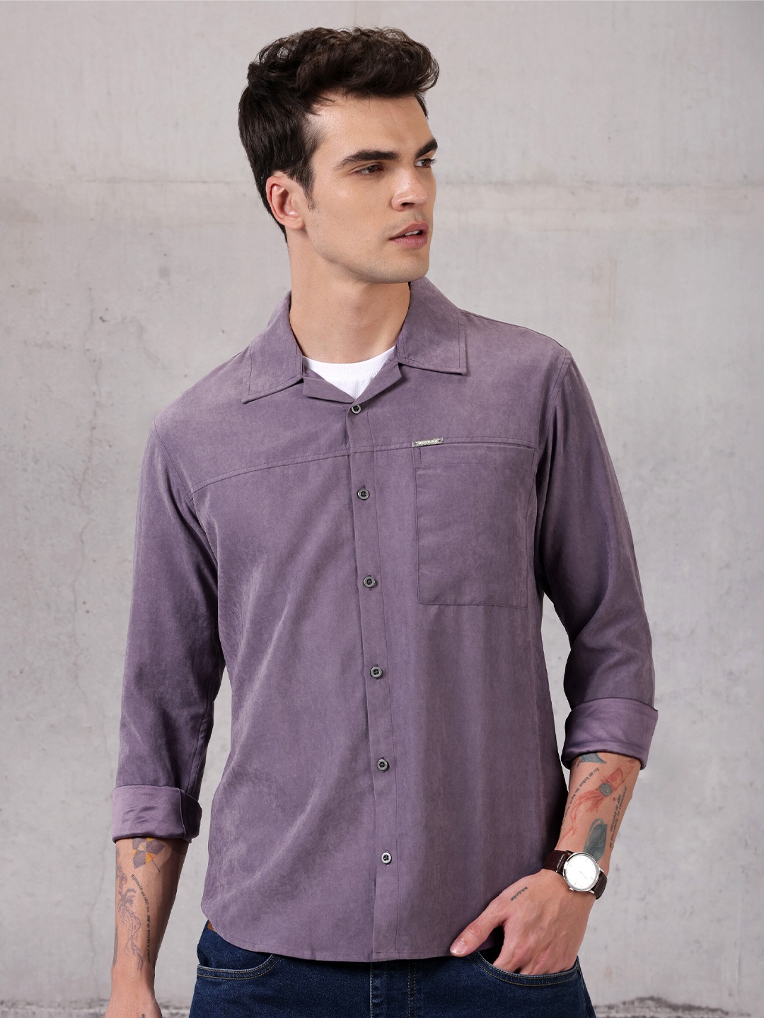 

Beyoung Cuban Collar Long Sleeves Regular Fit Casual Shirt, Violet