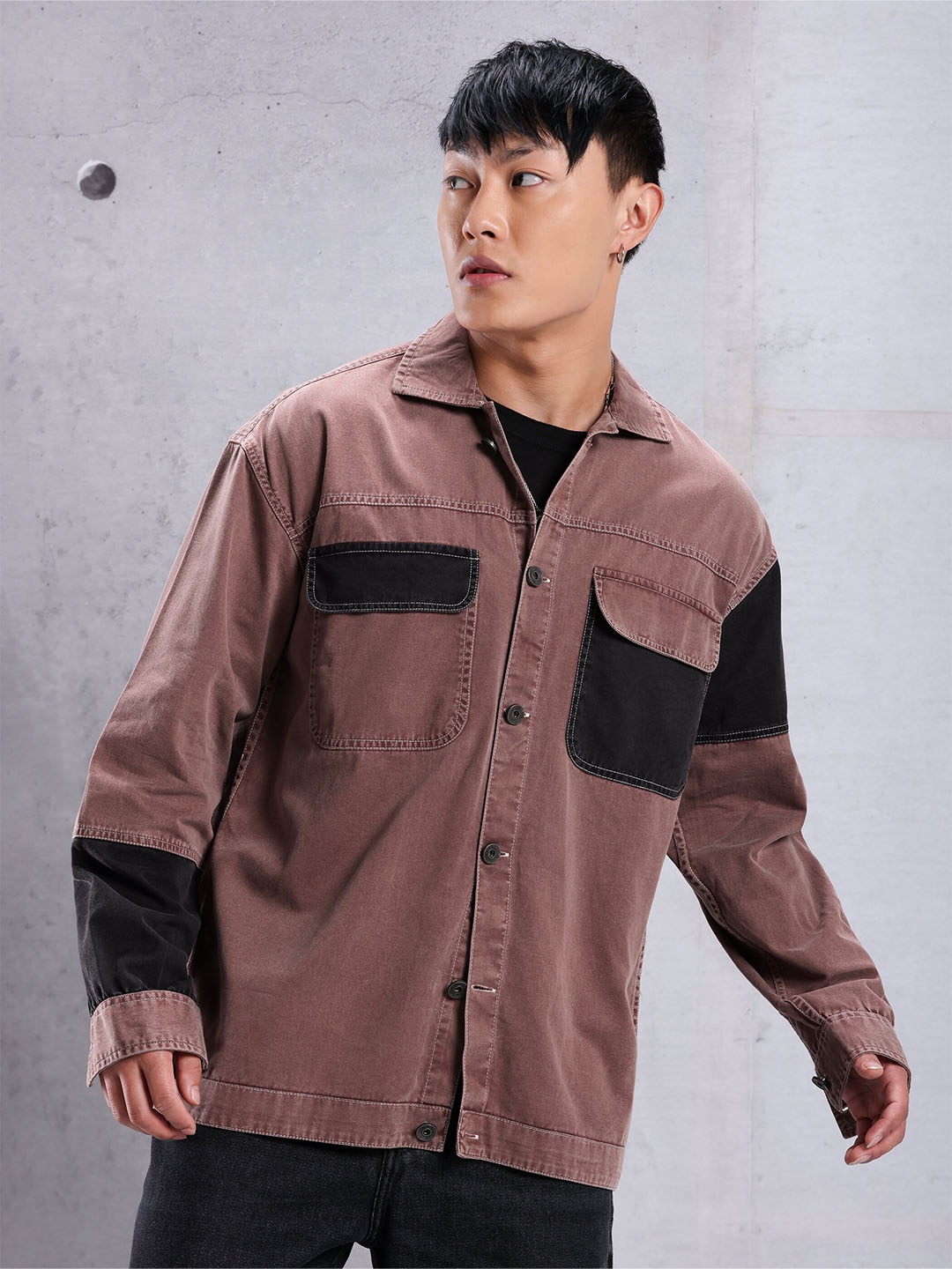 

Beyoung Spread Collar Long Sleeves Cotton Cut & Sew Shirt, Mauve