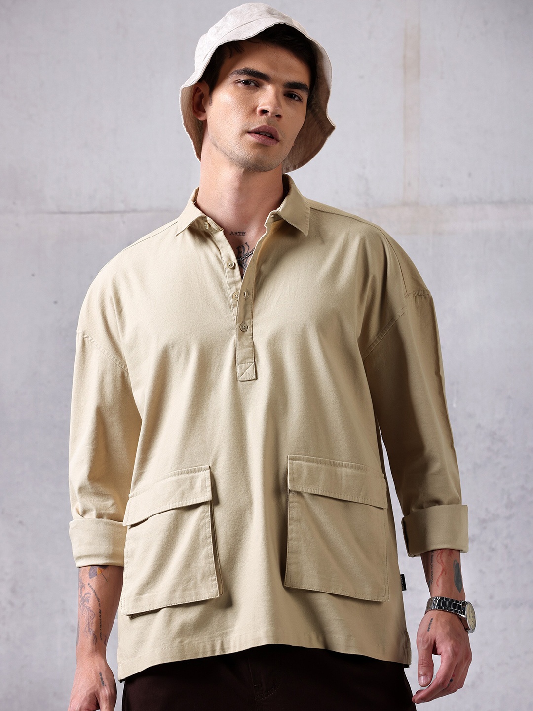 

Beyoung Oversized Spread Collar Long Sleeves Cotton Casual Shirt, Beige