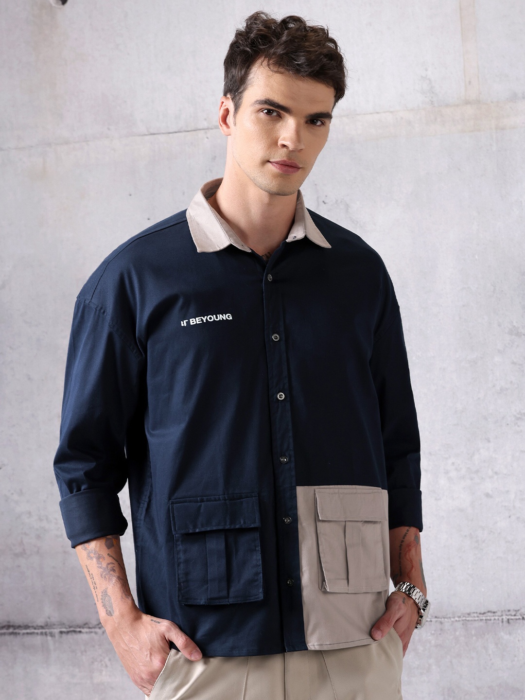 

Beyoung Relaxed Fit Spread Collar Long Sleeves Cotton Casual Shirt, Navy blue