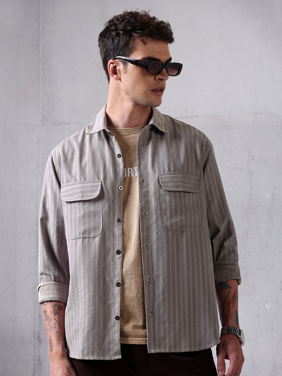 

Beyoung Suede Striped Spread Collar Cotton Relaxed Fit Shirt, Grey