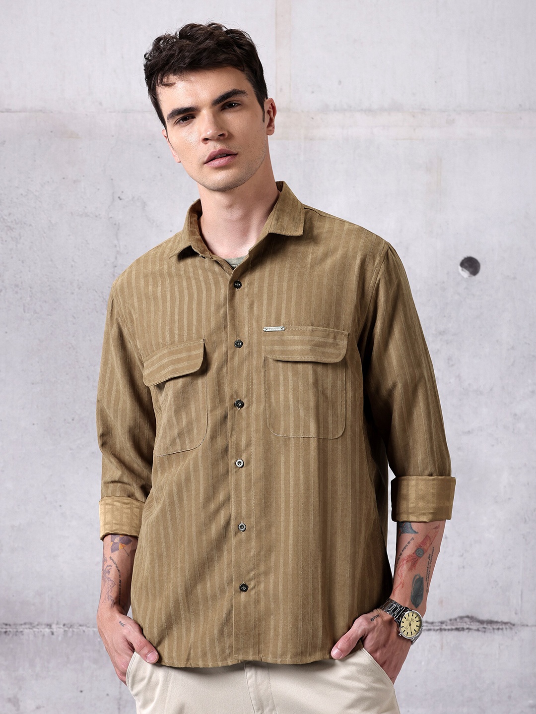 

Beyoung Suede Striped Spread Collar Cotton Relaxed Fit Shirt, Brown