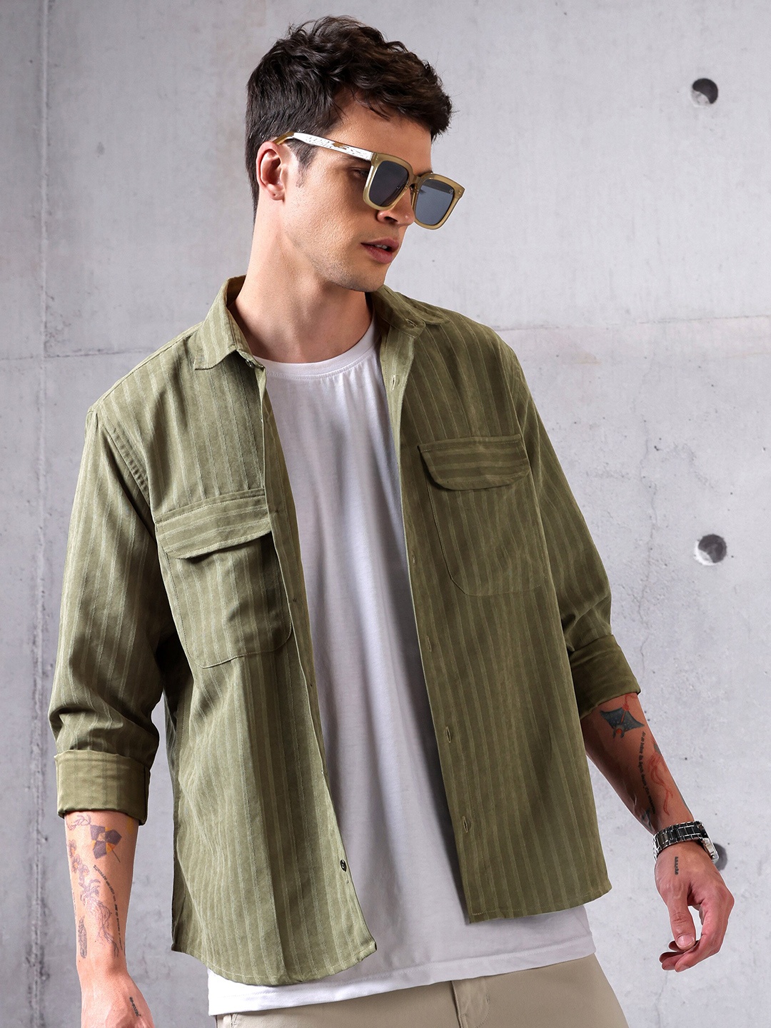 

Beyoung Spread Collar Long Sleeves Striped Casual Shirt, Green