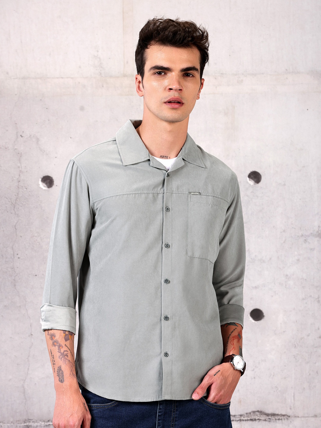

Beyoung Cuban Collar Long Sleeves Casual Shirt, Grey