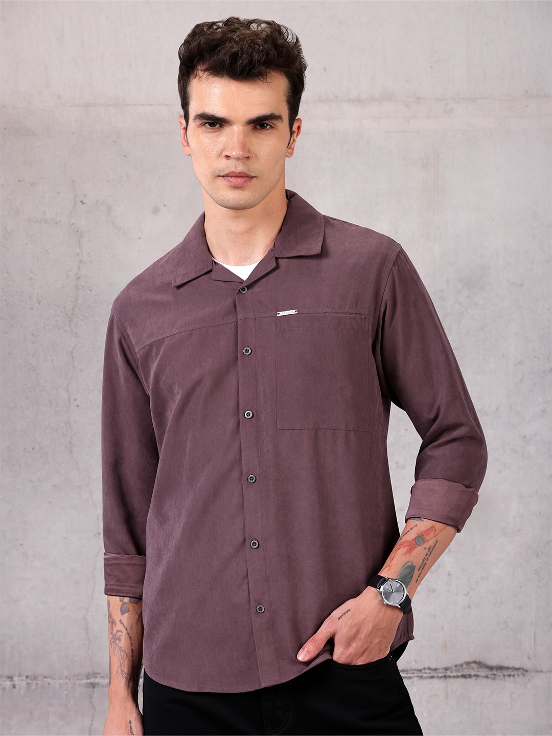 

Beyoung Cuban Collar Long Sleeves Casual Shirt, Purple