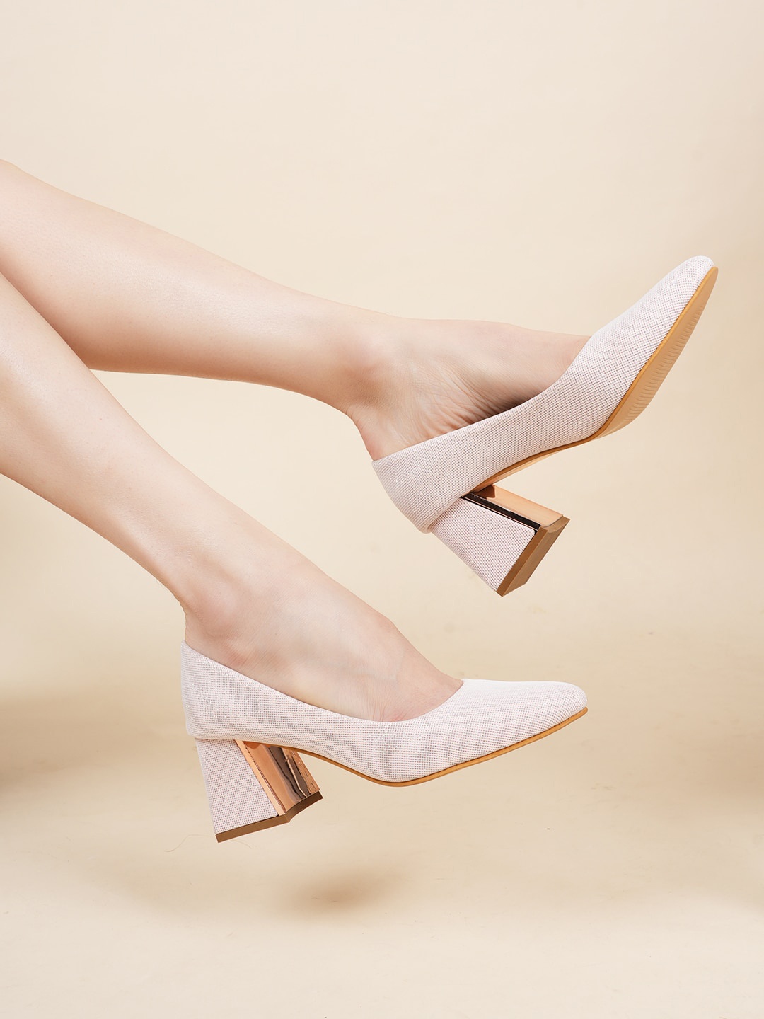 

Lavie Textured Round Toe Block Heeled Pumps, Rose gold