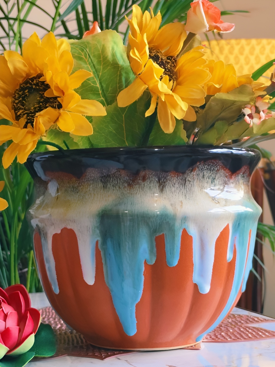 

NIYARA Peach & Blue Abstract Printed Ceramic Planter
