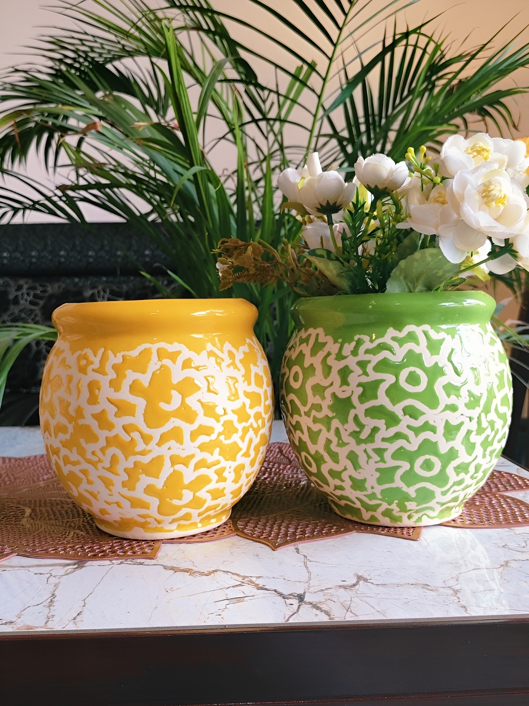 

NIYARA Yellow & Green 2 Pieces Abstract Ceramic Planters