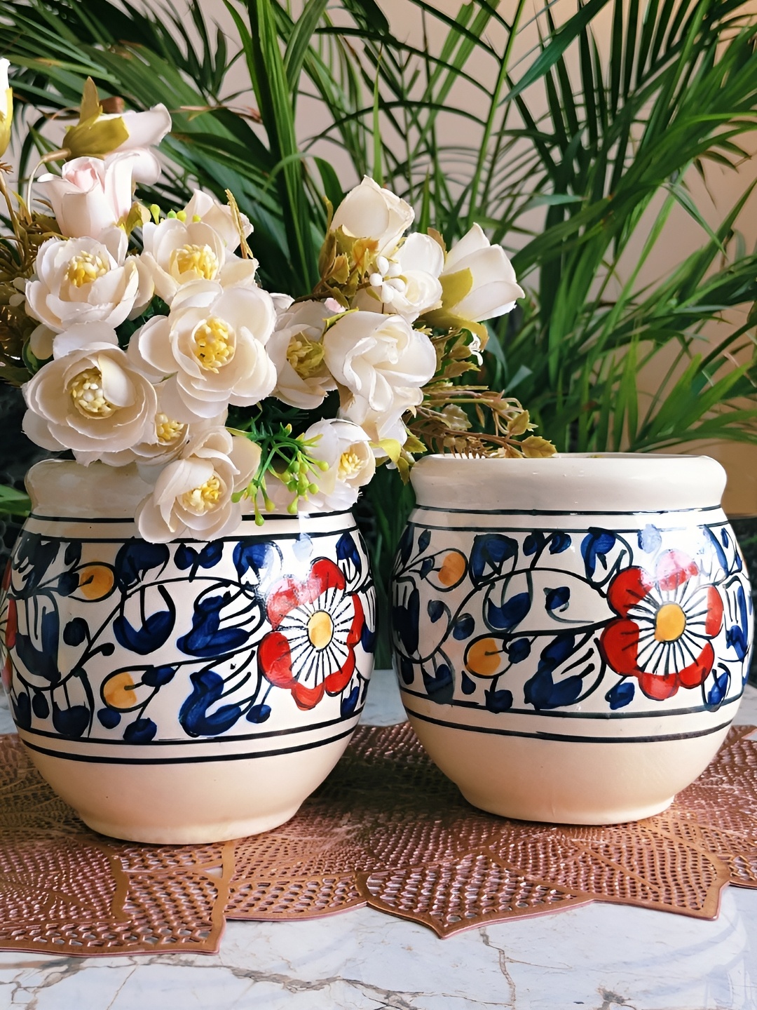 

NIYARA Cream & Blue 2 Pieces Floral Designed Ceramic Planters